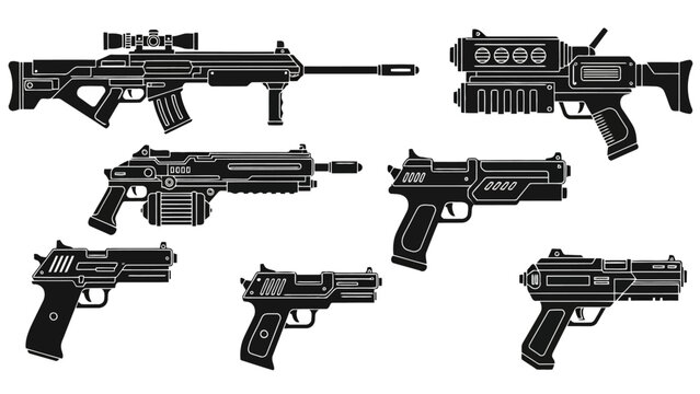 Futuristic Sci Fi Weapon Silhouettes Rifles Pistols and Blasters Vector Set EPS10 Stock.eps