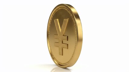 Shiny Golden Yen Coin Rotating on White Background with Subtle Reflection