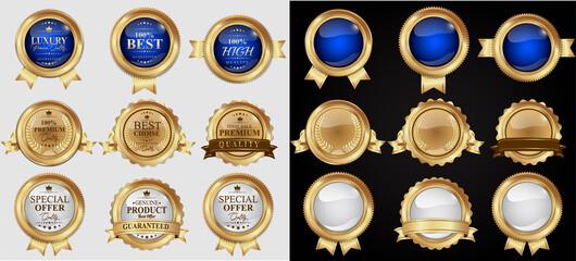 Collection of luxury golden badge premium quality labels seals glossy metallic labels laurels and ribbons blue gold emblems. Vector illustration.