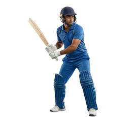Male Cricket Batsman in Blue Uniform and Helmet Holding Bat Isolated