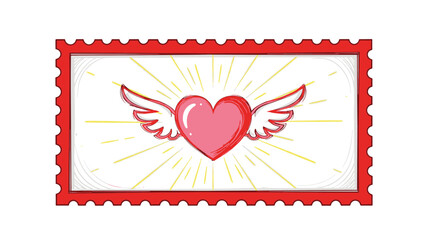 Obraz premium Vibrant Valentine's Day postage stamp illustration featuring a radiant pink winged heart, symbolizing love and affection.