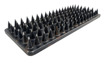 Metal plate with rows of sharp spikes isolated on a transparent background pointed