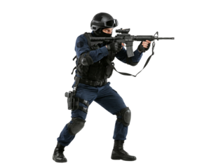 Tactical operative in black uniform holding assault rifle isolated on white background