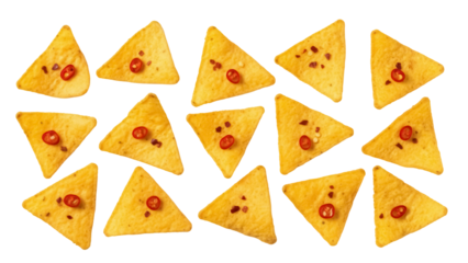 Spicy tortilla chips with chili pepper isolated PNG, crunchy snack with hot flavor on transparent background for food design projects