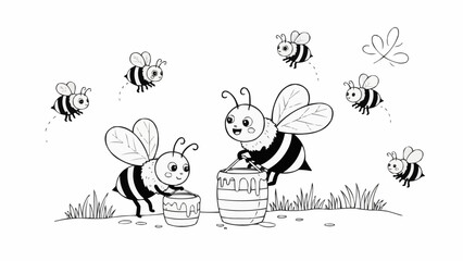 Obraz premium Cute cartoon bees collecting honey from a barrel.
