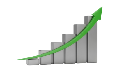 Green arrow on gray bar graph isolated PNG, business growth and success concept for presentations and marketing materials