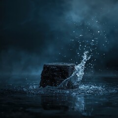 Obraz premium A powerful water splash erupts around a textured dark pedestal against a mysterious dark background