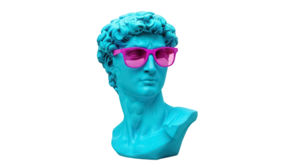 Blue David bust with pink sunglasses isolated PNG, classical sculpture on transparent background for graphic design and creative projects