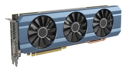 Blue and black graphics card isolated PNG on transparent background, computer hardware component for gaming and cryptocurrency mining