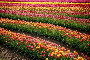 Bunte Mischung von Tulpen in verschiedenen Farben auf einem weitl&auml;ufigen Feld