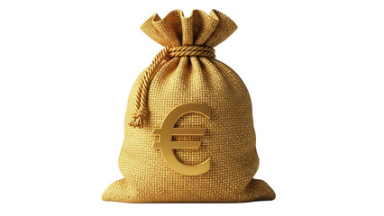 Golden money bag with euro sign isolated PNG, sack full of cash on transparent background, wealth...