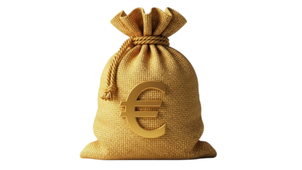 Golden money bag with euro sign isolated PNG, sack full of cash on transparent background, wealth and finance concept