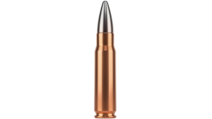 Copper-jacketed rifle bullet isolated PNG, ammunition for firearms and military applications on transparent background