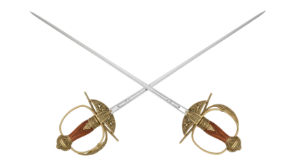 Two rapiers crossed isolated PNG on transparent background, fencing swords with ornate hilts for historical reenactment and theatrical props