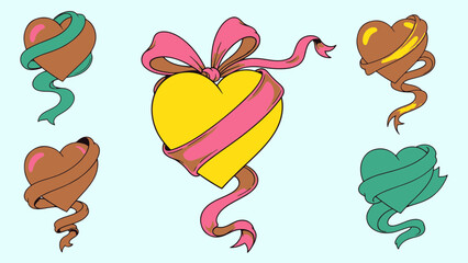 A cheerful graphic illustration displaying decorative hearts adorned with vibrant ribbons and bows, ideal for Valentine themes and celebrations.