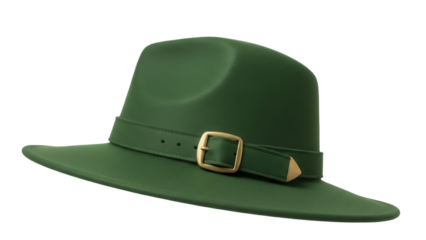 Green fedora hat PNG isolated on transparent background, stylish headwear with buckle detail for fashion and costume design