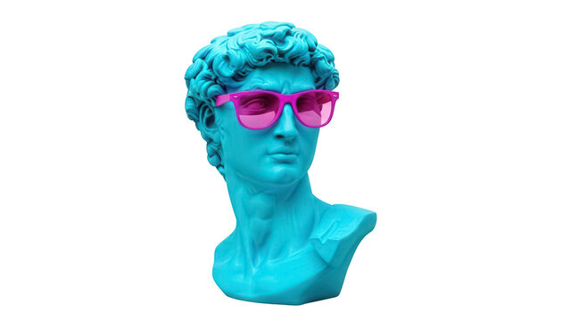 Blue David bust with pink sunglasses isolated PNG, classical sculpture on transparent background for graphic design and creative projects
