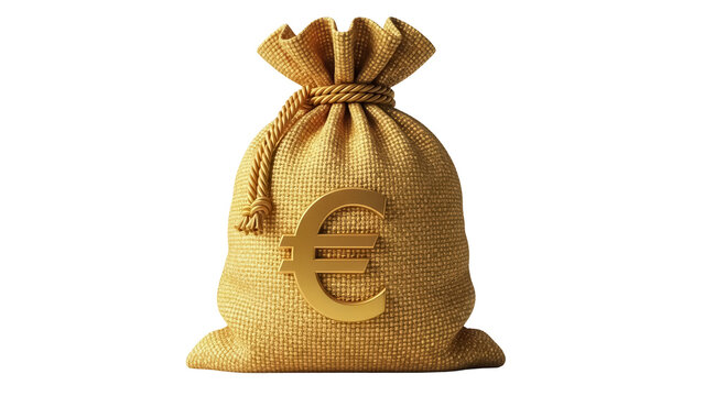 Golden money bag with euro sign isolated PNG, sack full of cash on transparent background, wealth and finance concept