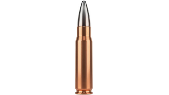 Copper-jacketed rifle bullet isolated PNG, ammunition for firearms and military applications on transparent background