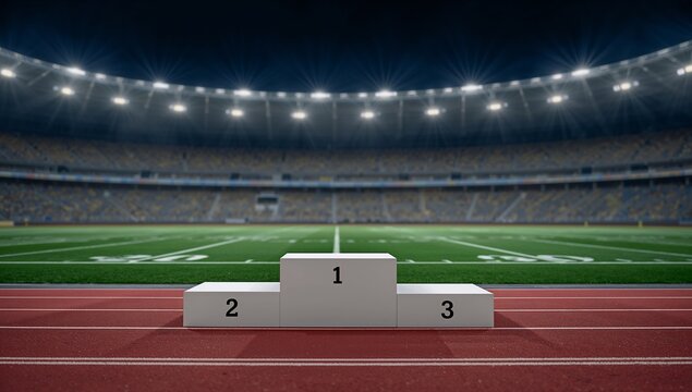 Empty sports podium on a red running track in an illuminated stadium