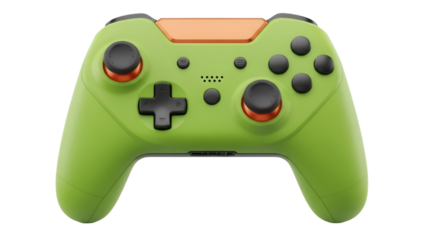 Lime green gamepad PNG isolated on transparent background, wireless controller for video games and console gaming, modern design