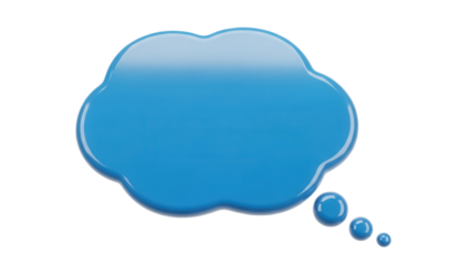 Blue speech bubble PNG isolated on transparent background, glossy thought cloud graphic for communication and design projects