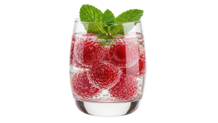 Refreshing raspberry drink with mint leaves isolated PNG, sparkling water beverage on transparent background for summer refreshment