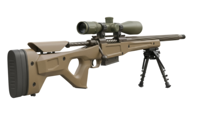 Tan sniper rifle with scope and bipod isolated PNG, modern firearm for hunting or military applications on transparent background