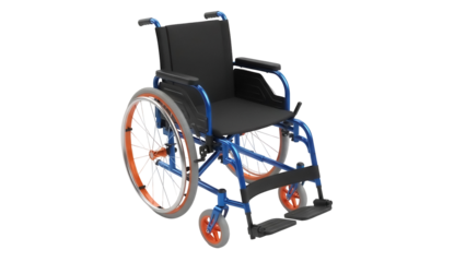 Blue and black wheelchair PNG isolated on transparent background, mobility aid for disabled people and medical equipment for hospital use