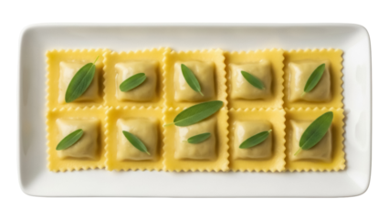 Delicious ravioli pasta with sage leaves isolated on transparent background, traditional Italian cuisine for restaurant menu and food blog