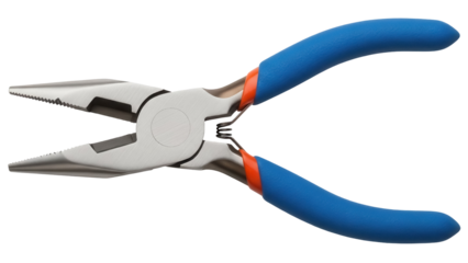 Needle nose pliers with blue handles isolated PNG, hand tool for electronics repair and jewelry making on transparent background