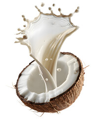 Fresh Coconut Half with Creamy Milk Splash and Droplets png