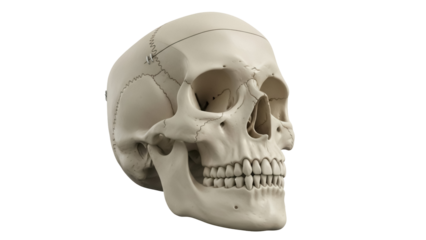 Human skull model PNG isolated on transparent background, anatomical skeleton for medical study and Halloween decoration, bone structure