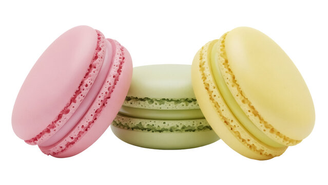 Colorful macarons isolated PNG on transparent background, assortment of pastel pink green and yellow macaroons for dessert and confectionery use