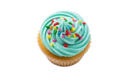 Delicious cupcake with blue frosting and colorful sprinkles isolated PNG, sweet treat for birthdays and celebrations on transparent background