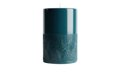 Cylindrical teal candle with geometric pattern isolated PNG, decorative wax candle for home decor and special occasions