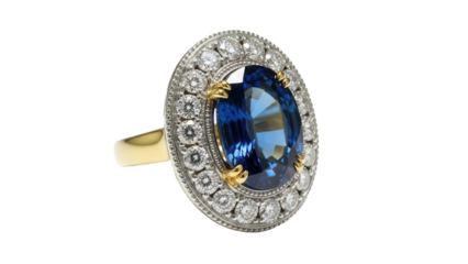 Elegant blue sapphire ring with diamond halo isolated PNG, vintage jewelry design for luxury fashion and special occasion wear