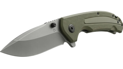 Folding pocket knife isolated on transparent background PNG, olive green handle with a gray blade for outdoor adventure and everyday carry