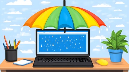 Creative workspace with umbrella over laptop indoor office digital artwork whimsical atmosphere