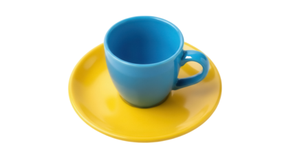 Bright blue cup on yellow saucer isolated PNG, vibrant tableware for coffee or tea break and kitchen decor, on transparent background