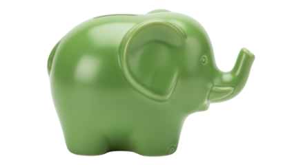 Green ceramic elephant piggy bank PNG isolated on transparent background, savings and financial concept for kids and adults