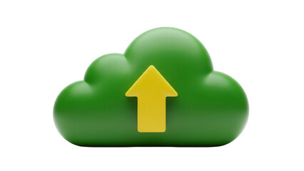 Green cloud with yellow arrow PNG isolated on transparent background, upload symbol for data transfer and cloud computing concepts