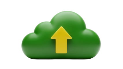 Green cloud with yellow arrow PNG isolated on transparent background, upload symbol for data transfer and cloud computing concepts