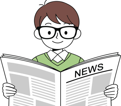Cute boy reading newspaper, education and information concept, daily news learning habit, literacy and knowledge cartoon illustration