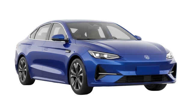 Sleek blue electric car PNG isolated on transparent background, modern sedan vehicle for eco-friendly transportation and sustainable lifestyle