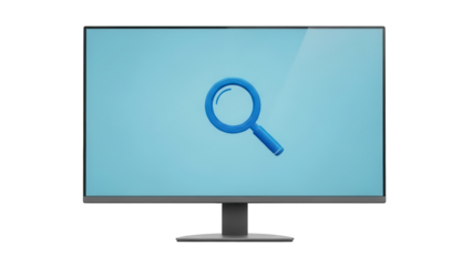 Modern computer monitor with blue magnifying glass isolated PNG, desktop display for searching and browsing on transparent background