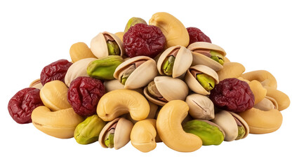 Pile of mixed nuts isolated PNG, including cashews, pistachios, and cranberries, healthy snack food on transparent background
