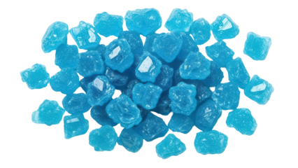 Pile of blue rock candy PNG isolated on transparent background, sweet crystalline confectionery for dessert and decoration