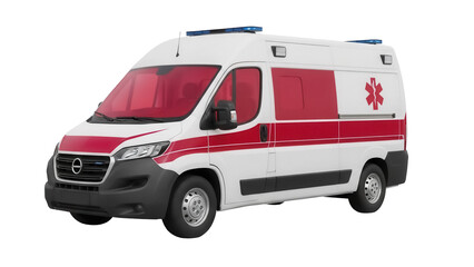Modern ambulance van PNG isolated on transparent background, emergency vehicle with red stripe and star of life for medical transport