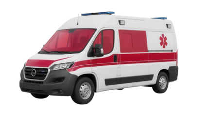 Modern ambulance van PNG isolated on transparent background, emergency vehicle with red stripe and star of life for medical transport